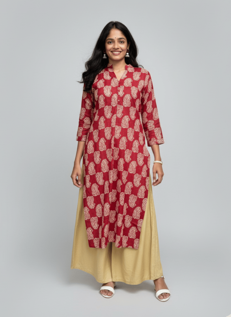 Rivaaj Ethnic Rutvi Kurta (Size M) | Maroon Pure Cotton Straight Fit | V-Neck with Collar | Machine Washable | Daily Wear