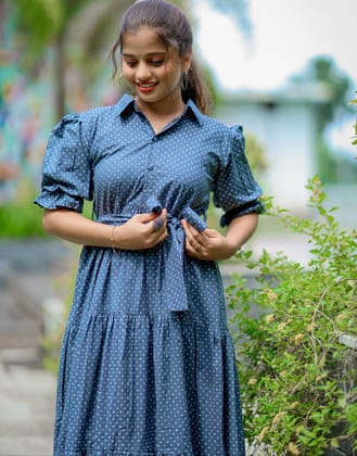 Sky Themed Three Tier dress with belt and Balloon Sleeve - 3/4 Sleeve