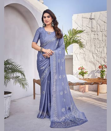 Yashika Silk Blend Printed Saree With Unstitched Blouse Piece ( Navy Blue )