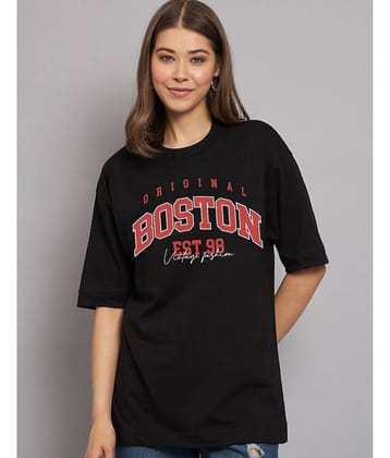 JUNEBERRY Women Cotton Printed Oversized Fit Round Neck T-Shirt ( Black )