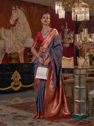 Navy Blue Silk Modal Kashmiri Chaap Handloom Weaving Saree