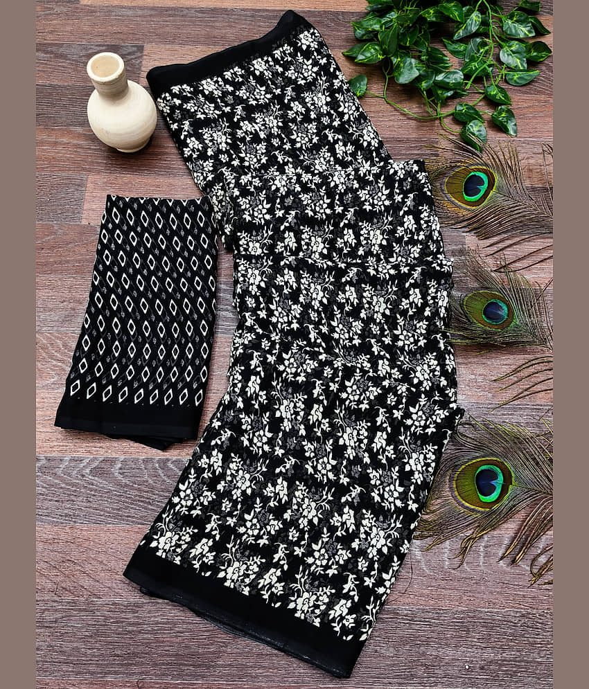 ANAND SAREES Georgette Printed Regular Saree With Unstitched Blouse Piece ( Black )