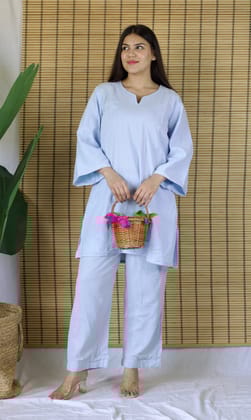 Light Blue Relaxed Fit Co-ord Set with Bell Sleeves-S