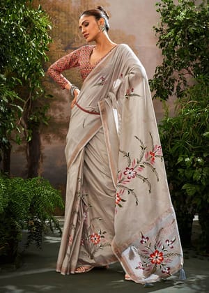 Shark Grey Soft Linen Tissue Hand Brush Printed Saree