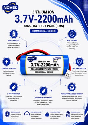 NOVEL 3.7V BMS 18650 LITHIUM ION SINGLE BATTERY WITH JST 2PIN- 2200mAh