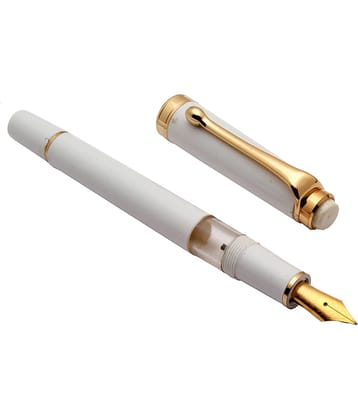 Oliver Tulip Piston Mechanism Fountain Pen White Color Body With Golden Trims & Medium Nib