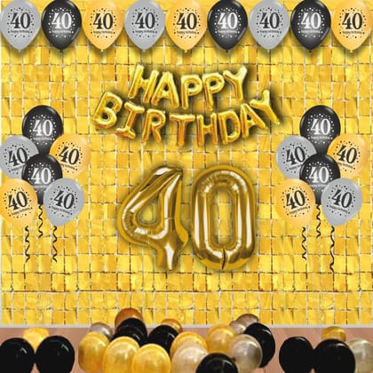 Happy 40th Birthday decoration kit combo 48 pcs Black Golden & silver 30 pcs rubber balloons, Happy Birthday foil banner with 30 Number foil, 2pcs Golden foil Curtain