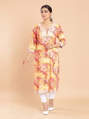 Kalyan Silks Botanical Printed Pastel Yellow Kurti Top