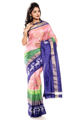 Pochampally Saree - Ikkat Silk Saree in Baby Pink-Blue