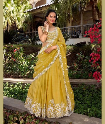 kedar fab Yellow Silk Circular Semi Stitched Lehenga Single
