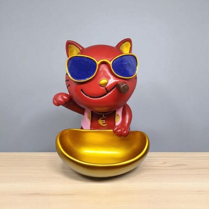 Cool Cat Showpiece with Sunglasses and Golden Bowl for Home Decor | Resin Gift Item for Diwali Housewarming Desk Display Organizer
