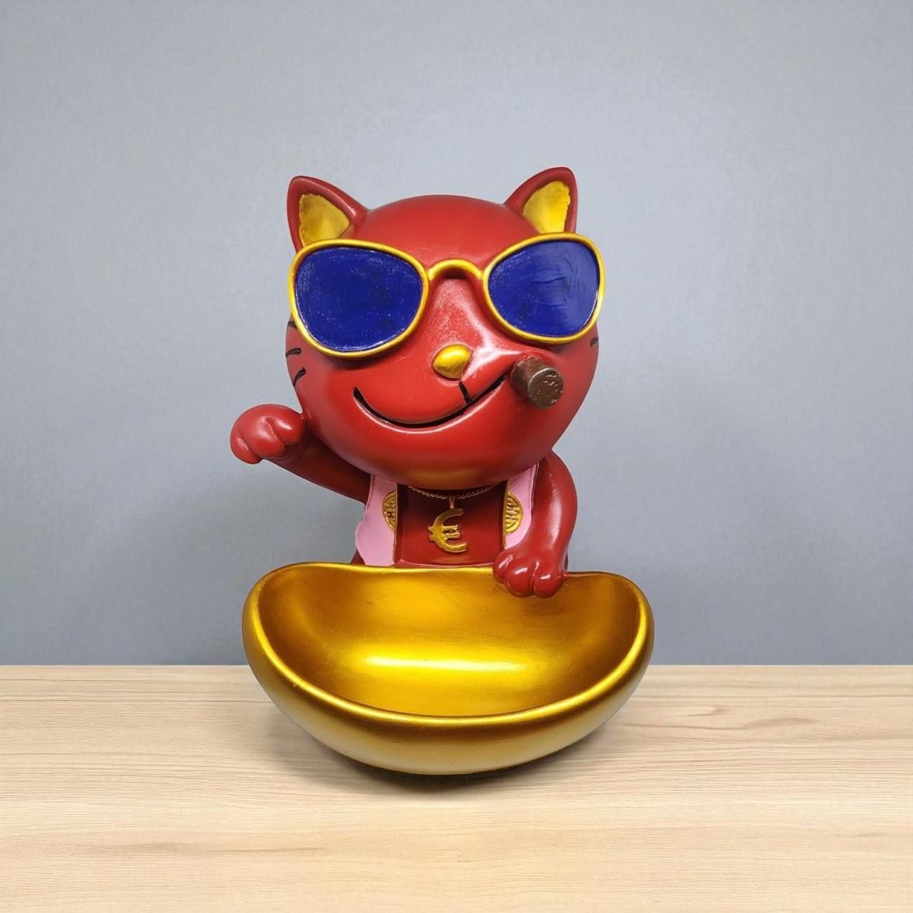Cool Cat Showpiece with Sunglasses and Golden Bowl for Home Decor | Resin Gift Item for Diwali Housewarming Desk Display Organizer