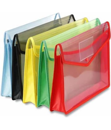 Kataria A4 Transparent Poly-Plastic Envelope File Folder Storage Bag With Snap Button Set Of 5 (Set Of 5, Blue Black Yellow Green Red)