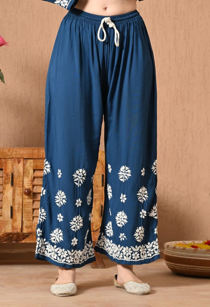 Hand Embroidered Chikankari Rayon Plazo Set - Teal