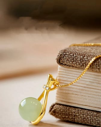 Trendy Gold-Plated Pendant Necklace with Teardrop Jade Stone  by Print Magical Gifts