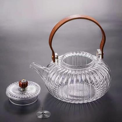 Lining Kettle with Glass Lid and Wooden Handle | 900 ML | Borosilicate Glass Tea Pot | Unique Design & Safety Features