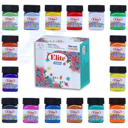 1001 Elite Artists Acrylic Metallic Colors Set | 16 Shades X 50ml Each | MultiSurface | for Art Craft & Paint Work | Multicolours