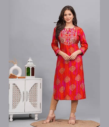 Kapadia Rayon Embroidered Straight Women's Kurti - Orange ( Pack of 1 )