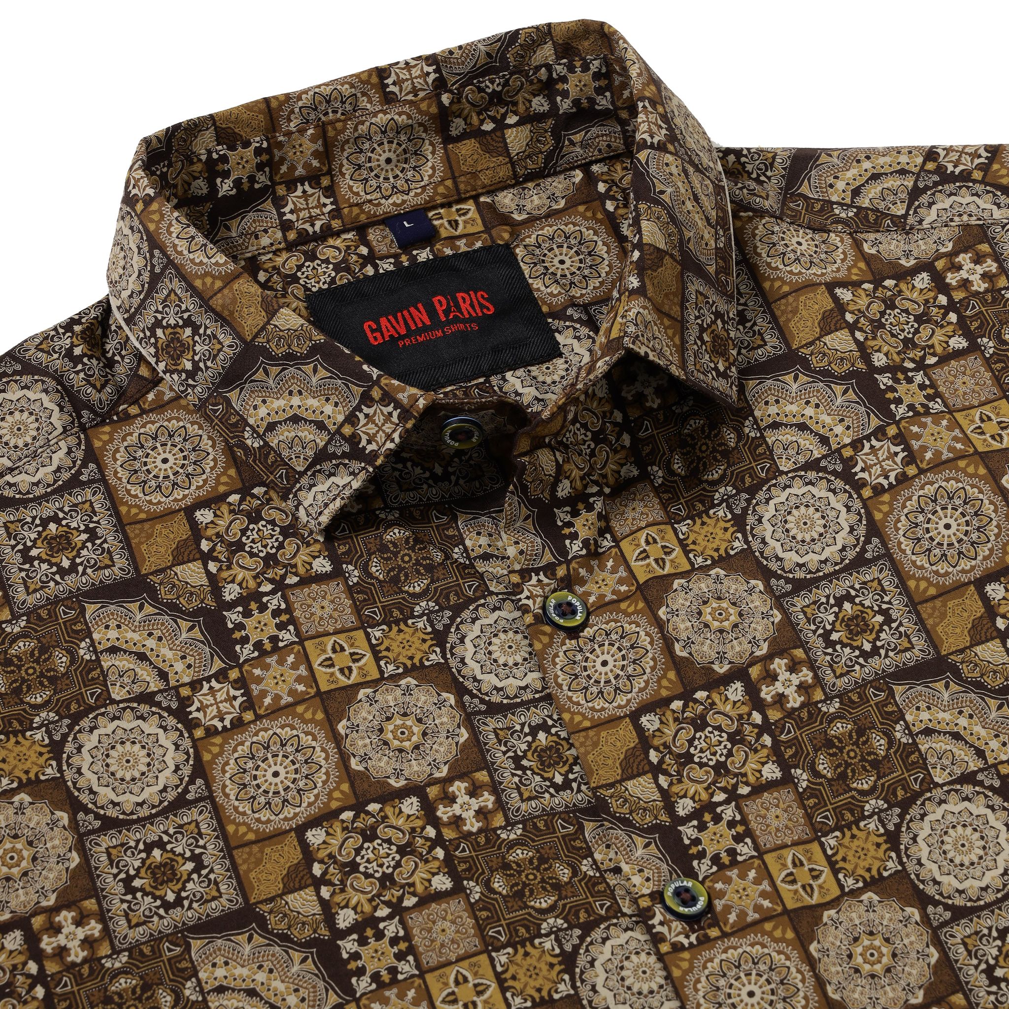 Brown and Beige Mosaic Print Slim Fit Full-Sleeve Shirt (GP017)-S-36 / Full Sleeve