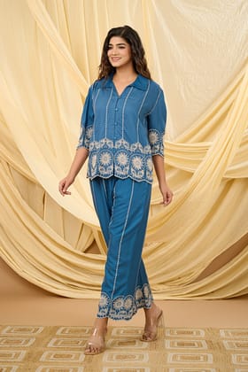 Flawless Embroidered Cord Set with Timeless Detail-BLUE / XL
