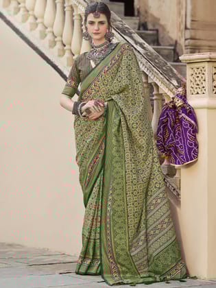 Light Green Pure Crepe Printed Patola Designer Saree