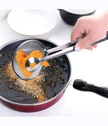 KRAMOX 2 in 1 Fry Tool Stainless Steel Filter Spoon with Clip Oil Strainer Tongs Mesh Colander for Deep Fry Cooking Frying Snacks Kitchen Utility Tool