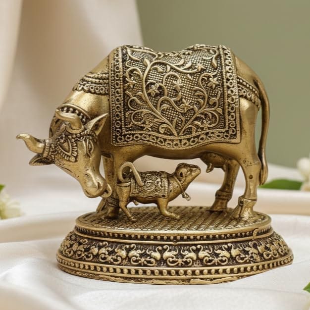 Sukh Sehaj Kamadhenu Cow Murti | Brass Murti | Handcrafted, Antique Yellow Finish, 3.0 Inch Length, for Home Temple, Decor, Pooja Ritual and Gifting