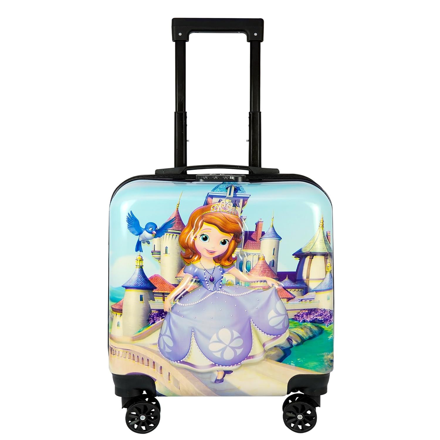Storite 15 Inch Princess Sofia Travelling Kids Trolley Bags for Girls | Non-Breakable Spinner Luggage/Suitcase with 4 Wheels for Girls (Sky Blue - 34 x 23 x 37 Cm)