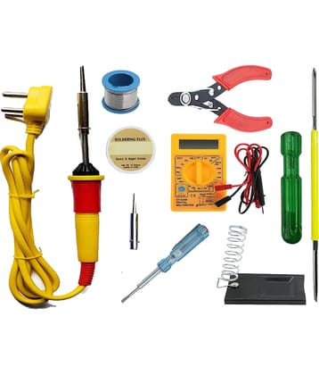 ALDECO: ( 9 in 1 ) Soldering Iron Kit contains- Yellow Iron, Wire, Flux, Wick, Stand, Tweezer, Cutter, 2 in 1 Screw Driver, Digital Multimeter