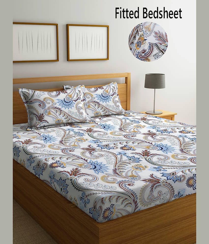 FABINALIV Poly Cotton Floral Fitted Fitted bedsheet with 2 Pillow Covers ( Double Bed ) - White