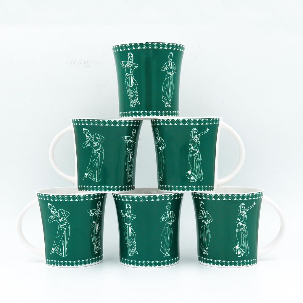 Femora Classical Dancers Pattern Tea Cups, Ceramic Tea Cups, Coffee Mugs (160 ml) - 6 Pcs Set (Green)