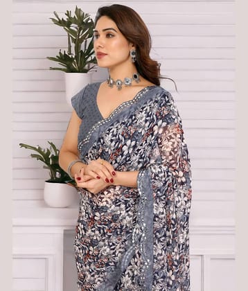 TTH Georgette Printed Saree With Unstitched Blouse Piece ( Grey )