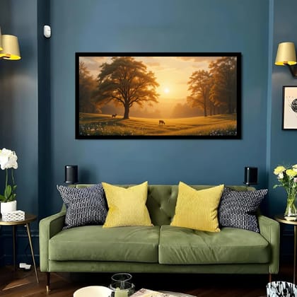 Luminary Golden Pastures – Tranquil Sunrise Meadow Museum-Quality Cotton Canvas Art for Cozy Living Room Décor | Frame Size (127 X 69 Cm) | Frame Type (Black) | 5-Year Warranty