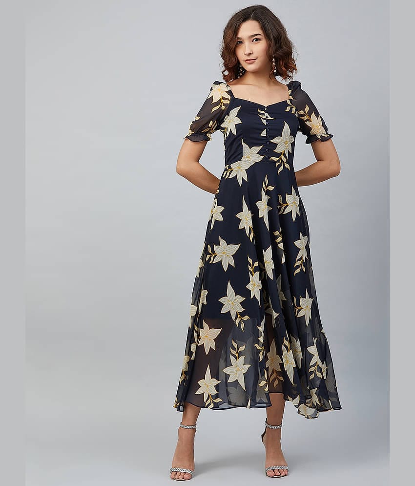 Rare Women Chiffon Fit & Flare Dress ( Navy )