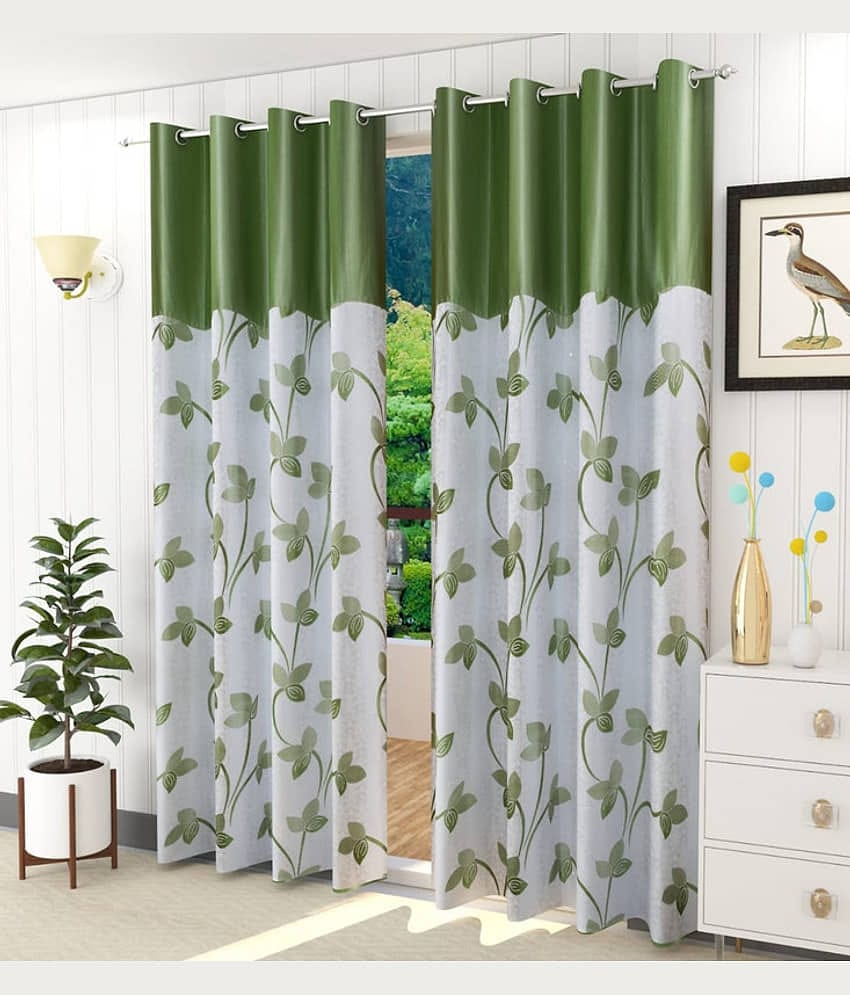 Kraftiq Homes Floral Semi-Transparent Eyelet Curtain 9 ft ( Pack of 2 ) - Green