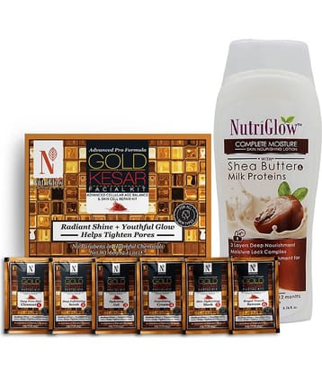 NutriGlow NATURAL'S Advanced Pro Formula Gold Kesar Facial Kit (60gm) and Shea Butter Milk Proteins for Skin Moisturization (200ml)