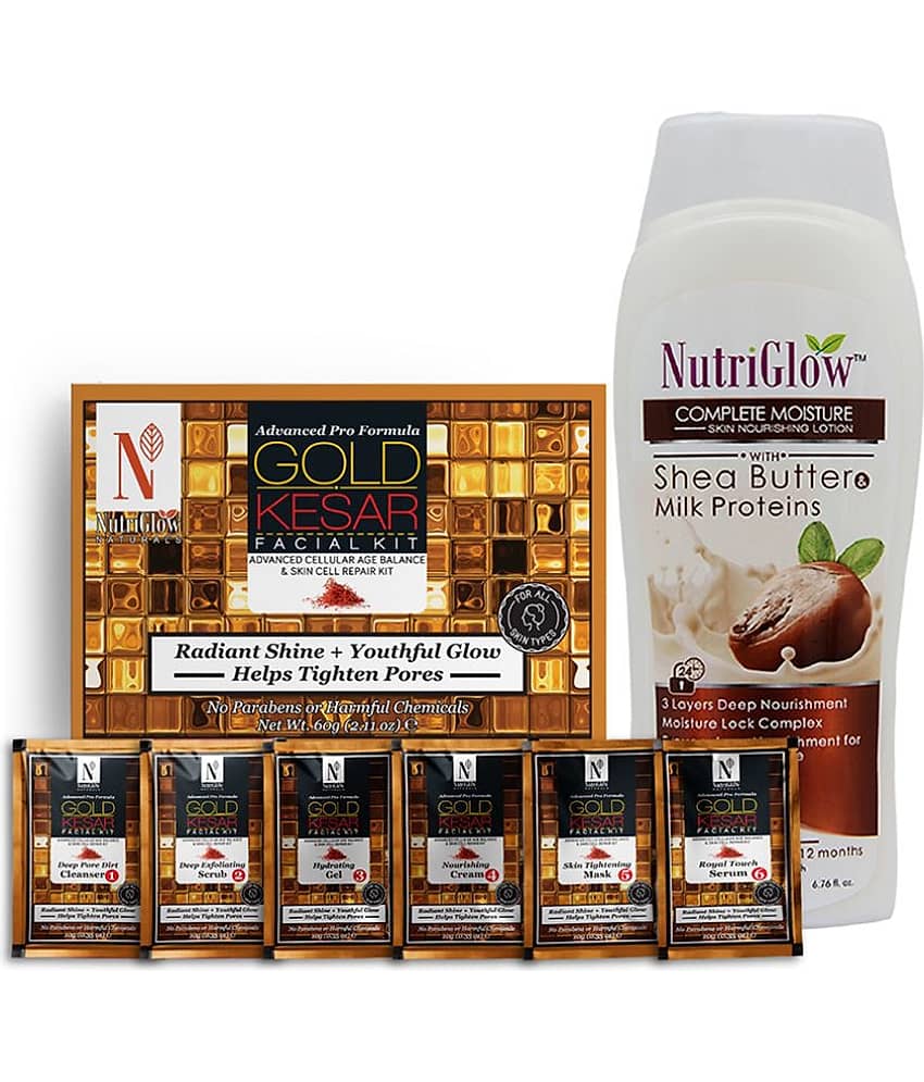 NutriGlow NATURAL'S Advanced Pro Formula Gold Kesar Facial Kit (60gm) and Shea Butter Milk Proteins for Skin Moisturization (200ml)