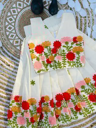 Premium Cotton Silk Flower work Lhengha with Top for kids-Beige / 2-3 years