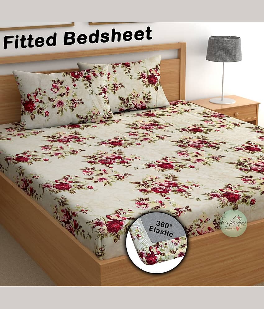 CG HOMES Cotton Floral Fitted 1 Bedsheet with 2 Pillow Covers ( Double Bed ) - Cream