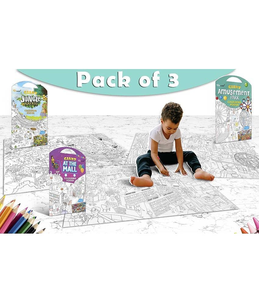 GIANT JUNGLE SAFARI COLOURING POSTER, GIANT AT THE MALL COLOURING POSTER and GIANT AMUSEMENT PARK COLOURING POSTER | Pack of 3 posters I perfect Gift for Growing Minds