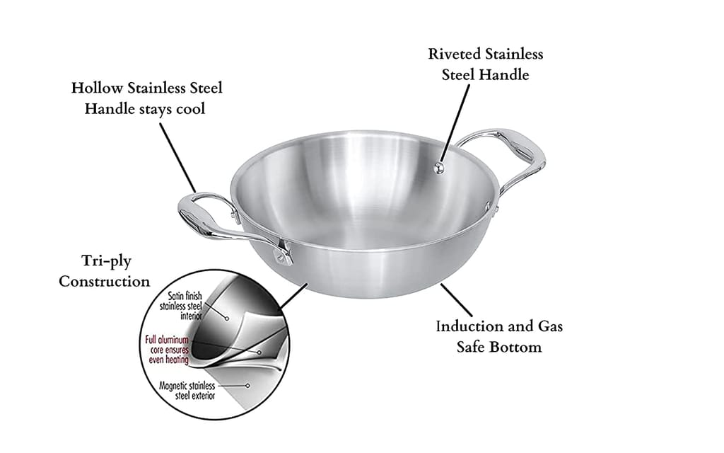 Femora Stainless Steel Flat Kadhai with Handle, Bonded Tri-Ply Bottom, 26 cm,Silver, Zero Coating, Health Safe