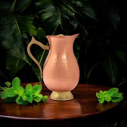 Handcrafted Hammered Copper Jug Pitcher with Lid  Traditional Ayurvedic Design