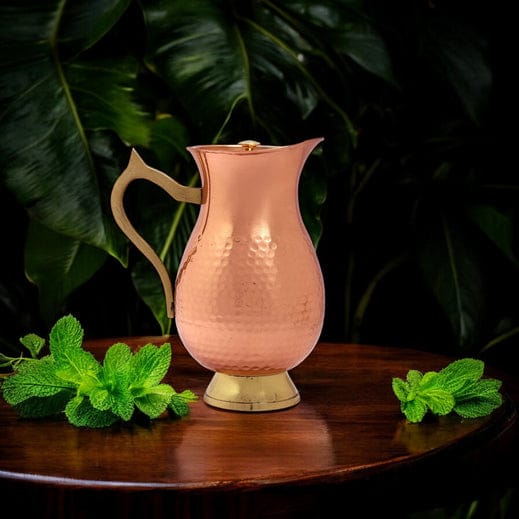 Handcrafted Hammered Copper Jug Pitcher with Lid  Traditional Ayurvedic Design