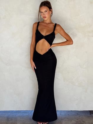 Deep Neck Cutout Lace Maxi Dress-S / Black
