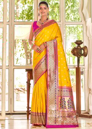 Ananya: Banarasi Silk Saree in the Shades of Golden Yellow And Pink