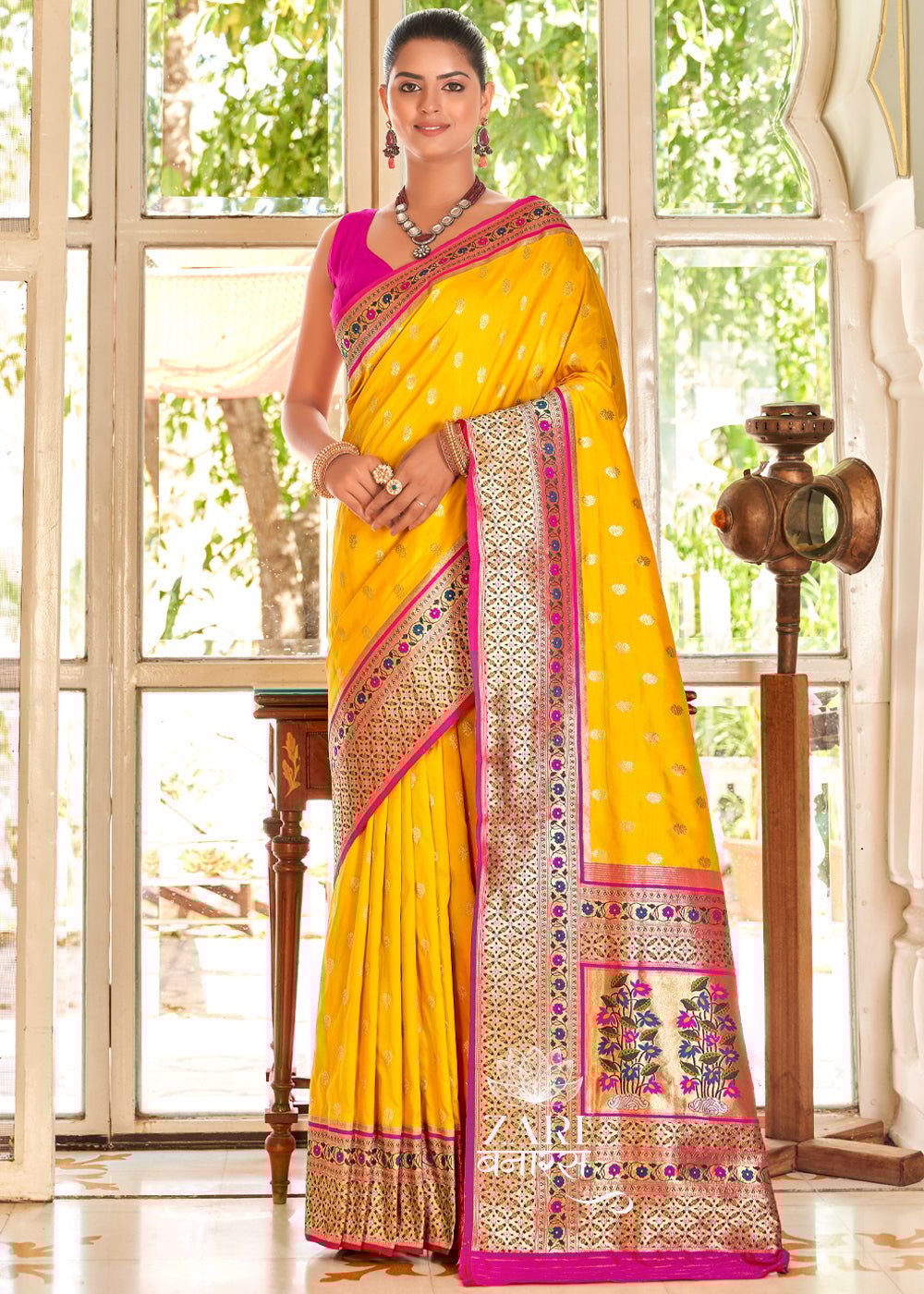 Ananya: Banarasi Silk Saree in the Shades of Golden Yellow And Pink