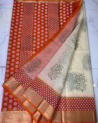 Craft Couture Blockprinted Kota Doria White & Red Saree