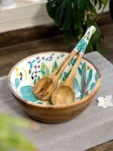 Handicraft Exim Hand-Painted Wooden Salad Bowl Set | Floral Design | Serving & Dining