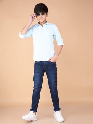 Blue Vertical Stripes 100% Cotton Shirt-7-8Y / Blue