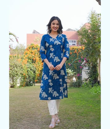 Vbuyz Cotton Printed Angrakha Women's Kurti - Blue ( Pack of 1 )